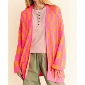 Davi & Dani Pink Orange Checkered Fuzzy Open Front Cardigan Sweater Womens New